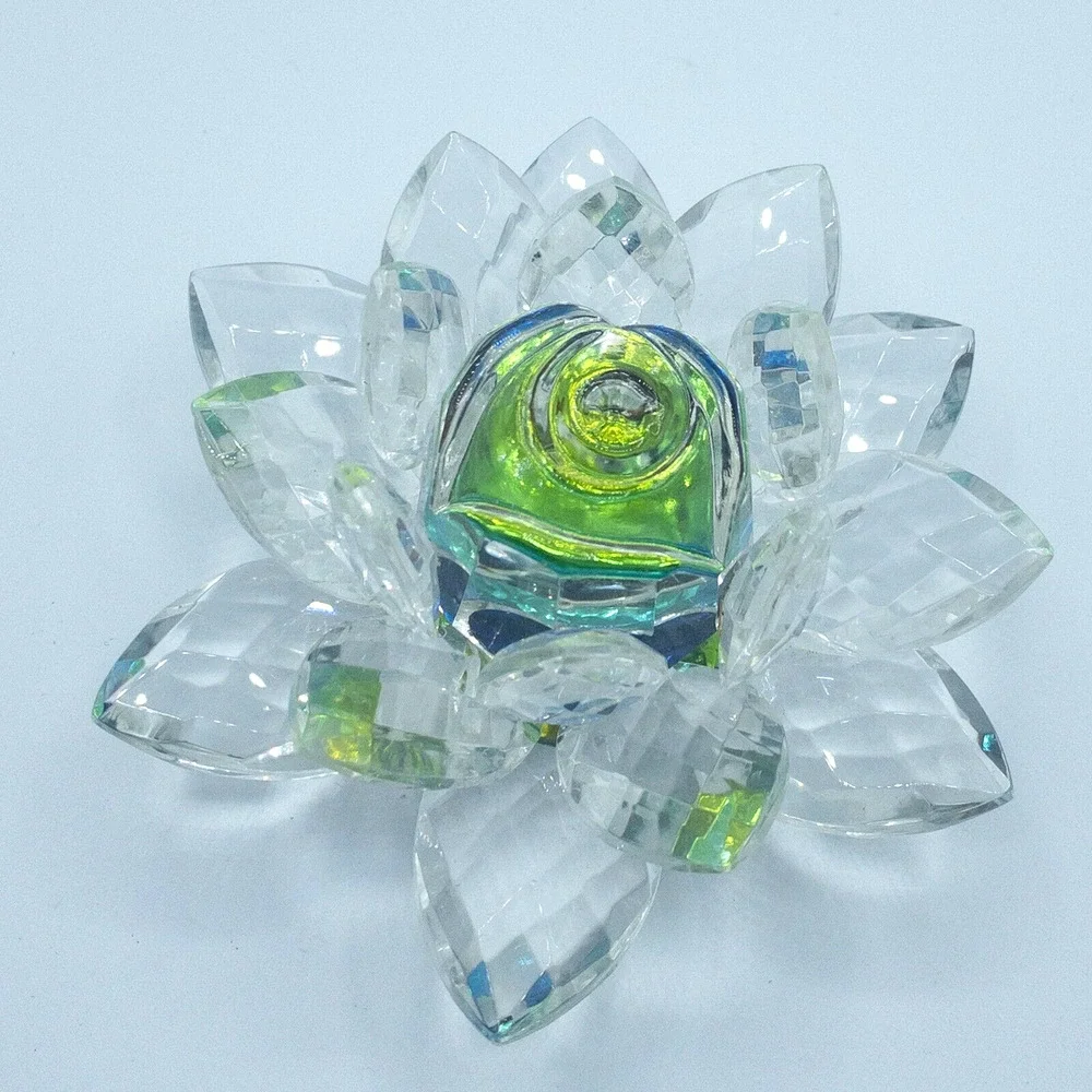 Crystal Lotus Flower Figurine Iridescent Glass Blue Green Decor